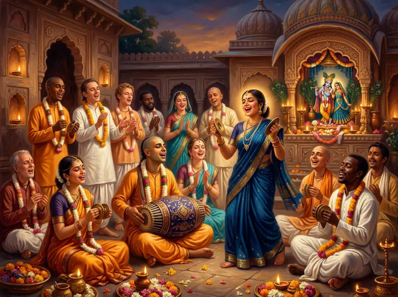Devotees from around the world singing kīrtana together with drums and cymbals